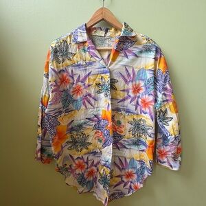 Women’s Floral Button-Up Shirt - Purple & Yellow Tropical Print
